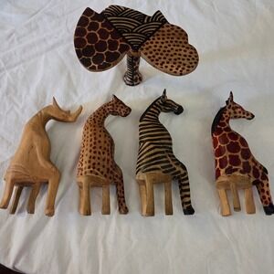 Vintage Handcrafted Carved Wood African Party Animals Chairs Table Set Folk Art